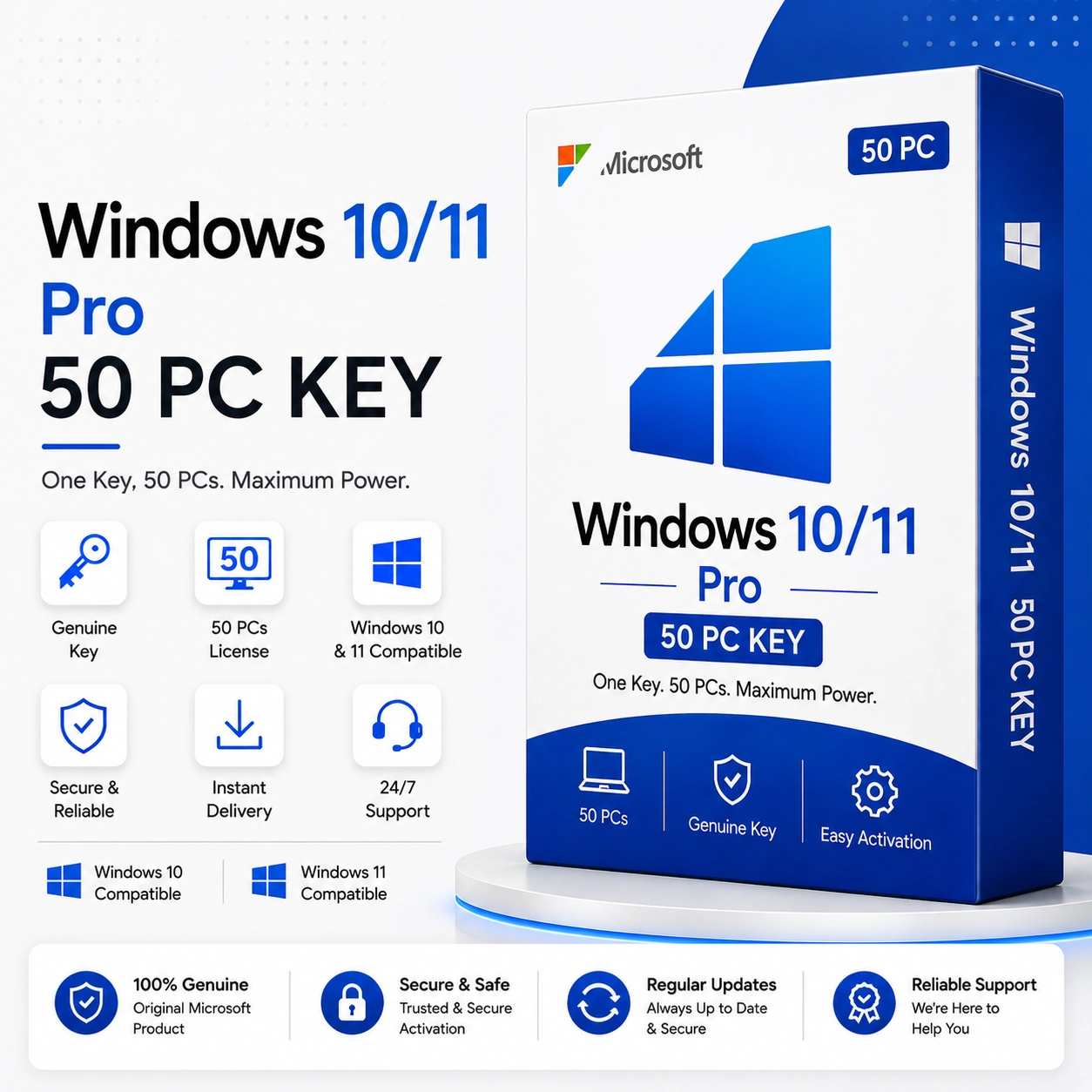 Windows 10/11 Pro 50 PC Key – Multi-PC License for Up to 20 Devices | Digital Delivery
