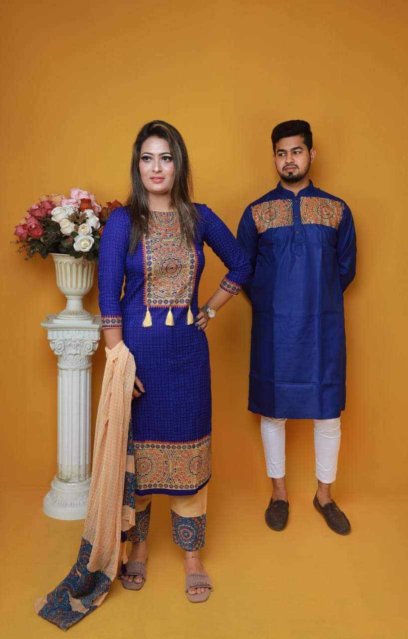 Handprint cotton Punjabi &  Selwar Kamiz With Orna (Couple Set)