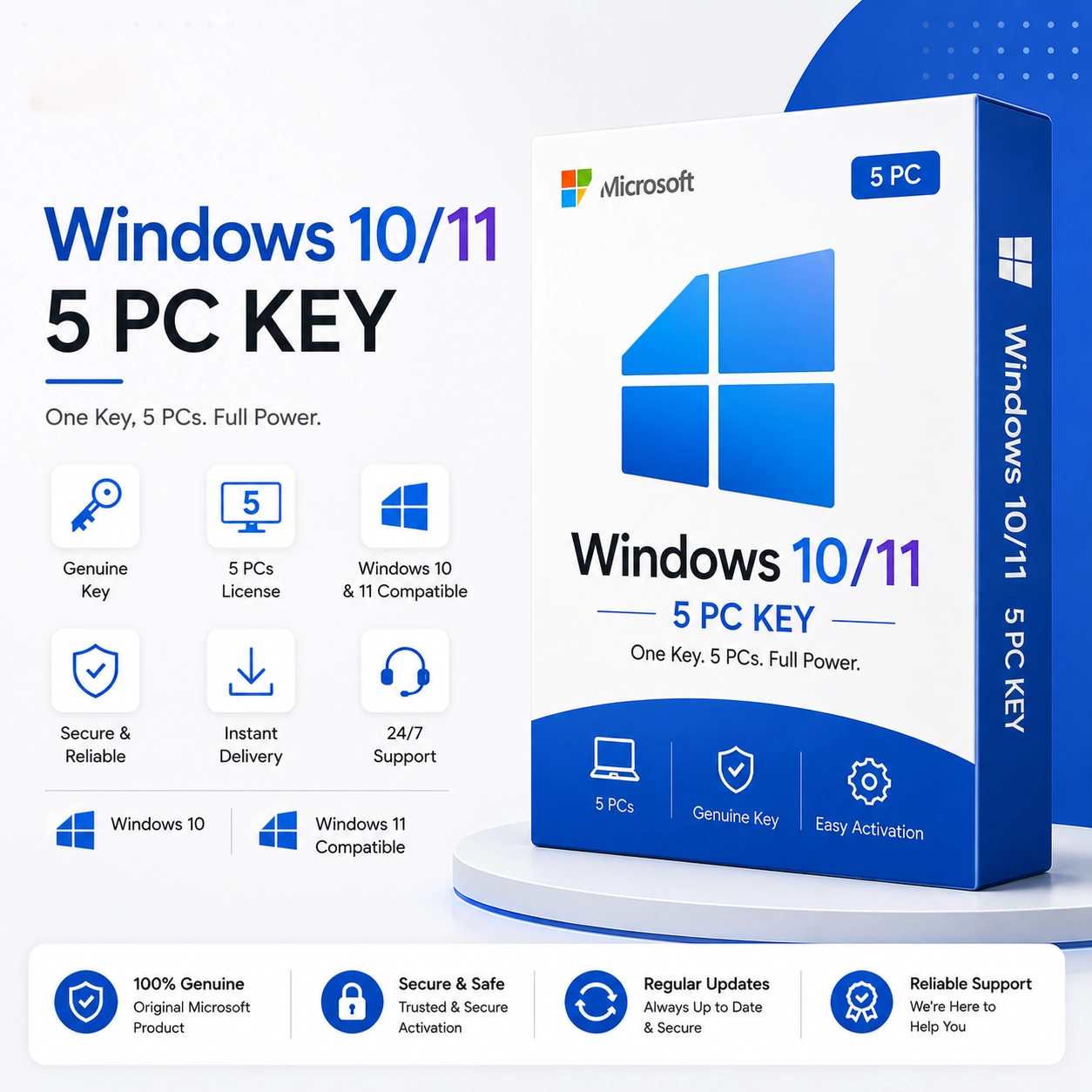 Windows 10/11 Pro 5 PC Key – License for Up to 5 PCs | Digital Delivery
