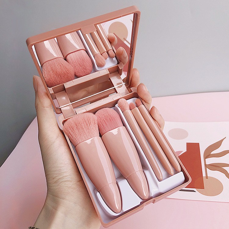 5-Piece Travel Makeup Brush Set with Mirror Box – Portable Beauty Brush Kit