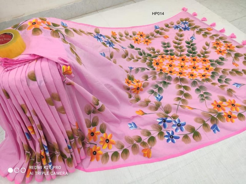 Half Silk Cotton Color Hand Paint Beautiful Saree for Women