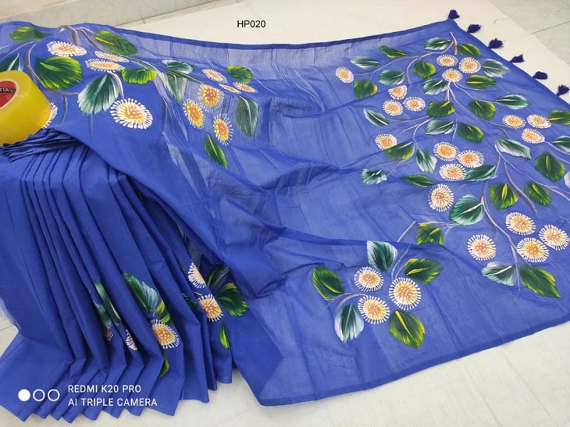 Half Silk Cotton Color Hand Paint Beautiful Saree for Women