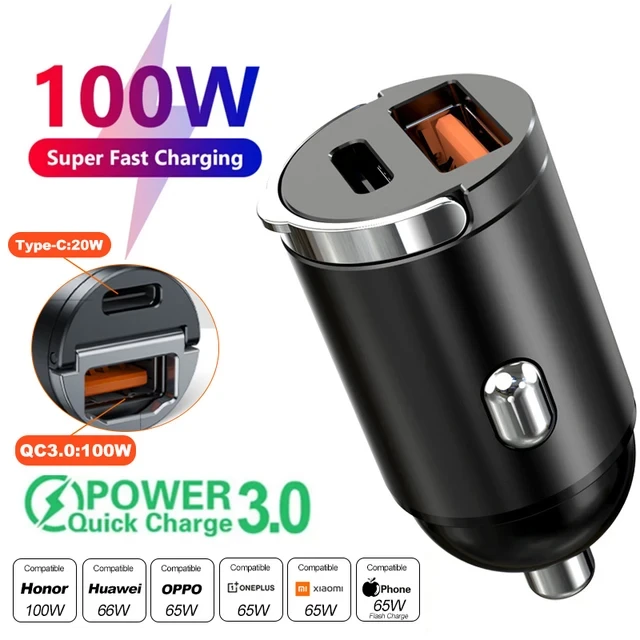 200W Mini Car Charger Lighter Fast Charging for iPhone QC3.0 PD USB Type C Car Phone Charger for Xiaomi  Samsung  Huawei iPhone