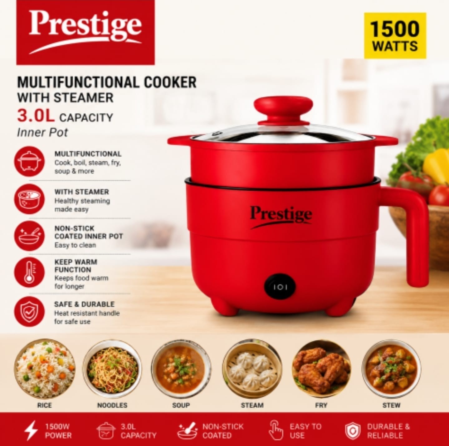 Prestige 3.0L Multifunction Electric Cooker with Steamer 1500W Non-Stick