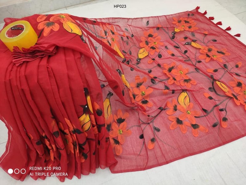 Half Silk Cotton Color Hand Paint Beautiful Saree for Women