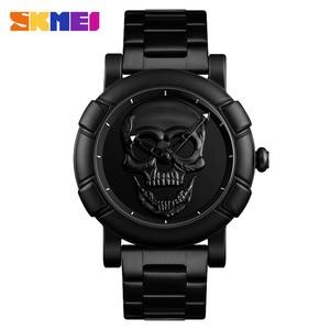 SKMEI Men Cool Skull Quartz Watch Creative Alloy Strap Punk Watches Men Clock Waterproof Wristwatches 9178 Black