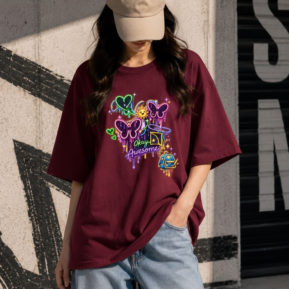 Premium Drop Shoulder T-Shirt for Women |Trendy Print Oversized Tee | Summer Friendly Maroon