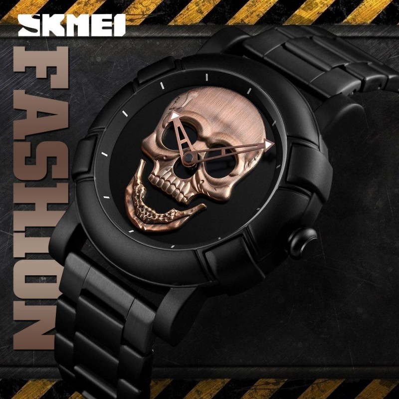 SKMEI Men Cool Skull Quartz Watch Creative Alloy Strap Punk Watches Men Clock Waterproof Wristwatches 9178 Marron