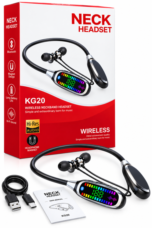 KG20 Wireless Neckband Headset - Hi-Res Audio Bluetooth Earphone with Smart LED Display, Extra Bass & Long Battery Life